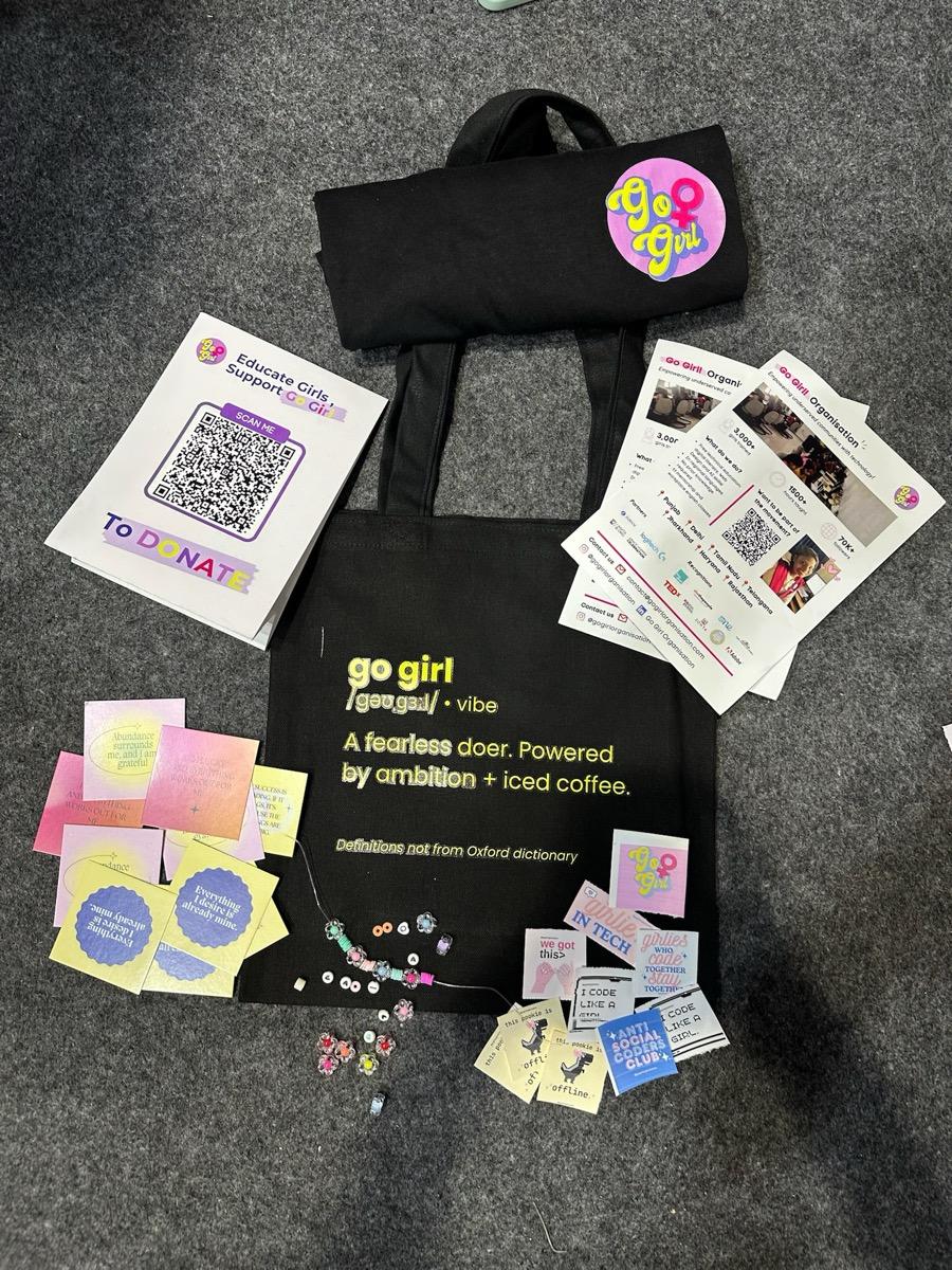 go girl! community merch — tote bag and stickers